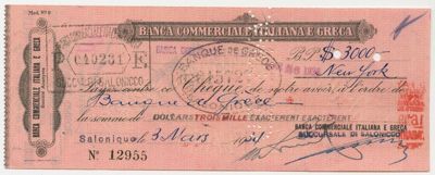Banca Commerciale Italiana e Greca (Comitellas), cheque, 1934
