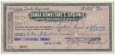 Banca Nazionale d'Albania, cheque, 1934