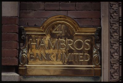 Hambros Bank, London headquarter on 41 Bishopgate, sign, ca. 1986-1988 (photographer unknown)