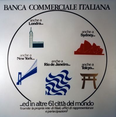 Banca Commerciale Italiana: advertisement showcasing the bank's international network, 1980s (photograph by Foto Studio di Carmen Sferlazza)