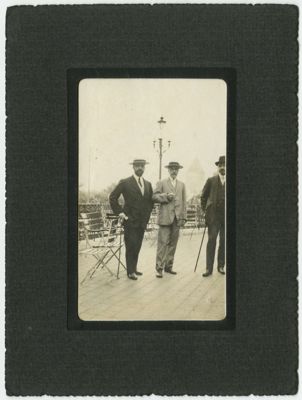 Peace negotiations in Ouchy (Lausanne): Bernardino Nogara photographed with Giuseppe Volpi and Pietro Bertolini, 1912 (photographer unknown)
