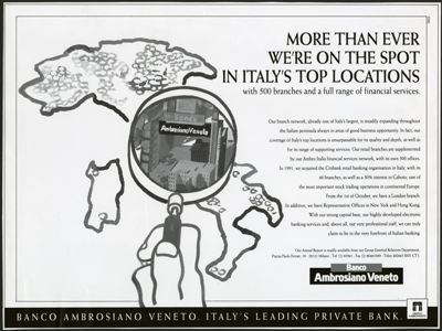 Banco Ambrosiano Veneto, advertisement showcasing the bank's international network, 1988