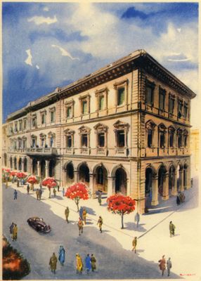 Banco di Napoli, Tripoli branch on Corso Vittorio Emanuele, illustration taken from a 1942 calendar (illustration by Giuseppe Riccobaldi)