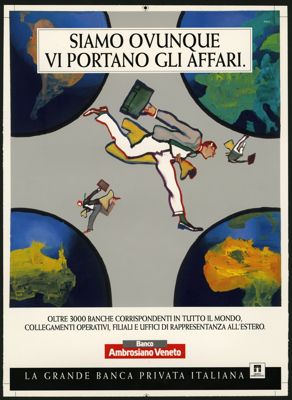 Banco Ambrosiano Veneto, a 1994 advertisement for the foreign press (illustration by Ferenc Pintér)