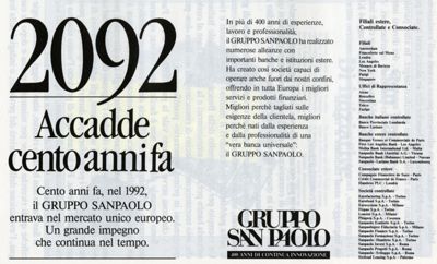 Istituto Bancario San Paolo, advertisement showcasing the bank's international network taken from the book "San Paolo: da banco a bank", 1989, p. 208