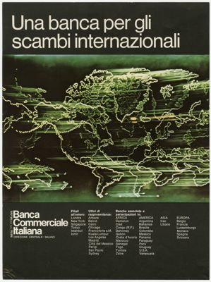 Banca Commerciale Italiana, advertisement showcasing the bank's national and international network, 1973