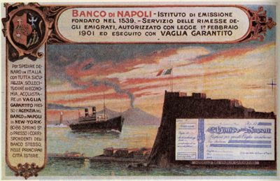 Banco di Napoli, postcard reproduction of a money order, early 1900s, taken from the book "Emigranti, capitali e banche (1896-1906)", 1980, p. 292