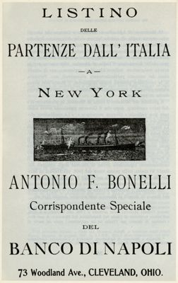 Banco di Napoli, Antonio F. Bonelli's company advertisement, early 1900s, taken from the book "Emigranti, capitali e banche (1896-1906)", 1980, p. 586