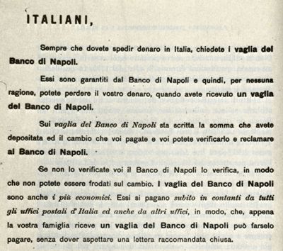 Banco di Napoli, money order's advertisement, early 1900s, taken from the book "Emigranti, capitali e banche (1896-1906)", 1980, p. 230