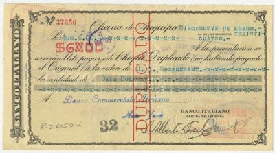 Banco Italiano (Bitaliano), cheque, 1934