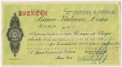 Banco Italiano (Bitaliano), cheque, 1934